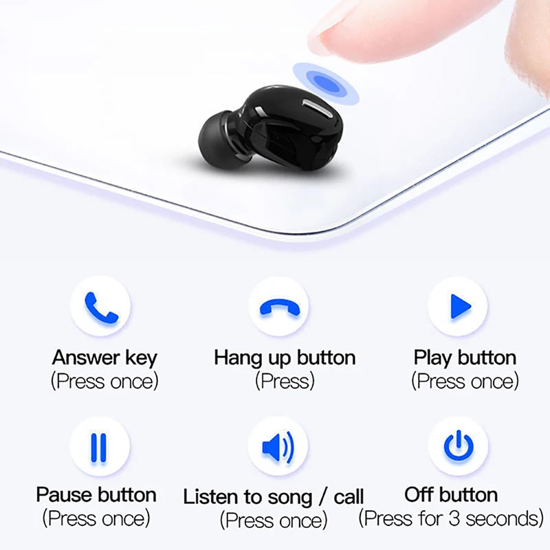 Small black wireless earbud with a glossy finish and a diagram explaining touch-control functions.