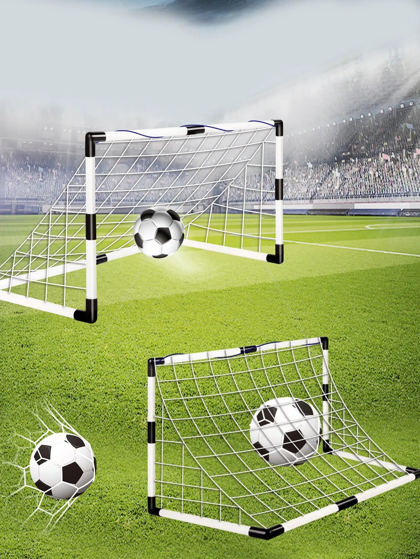Two portable black and white football goal nets with attached white nets and footballs on a grassy pitch background.