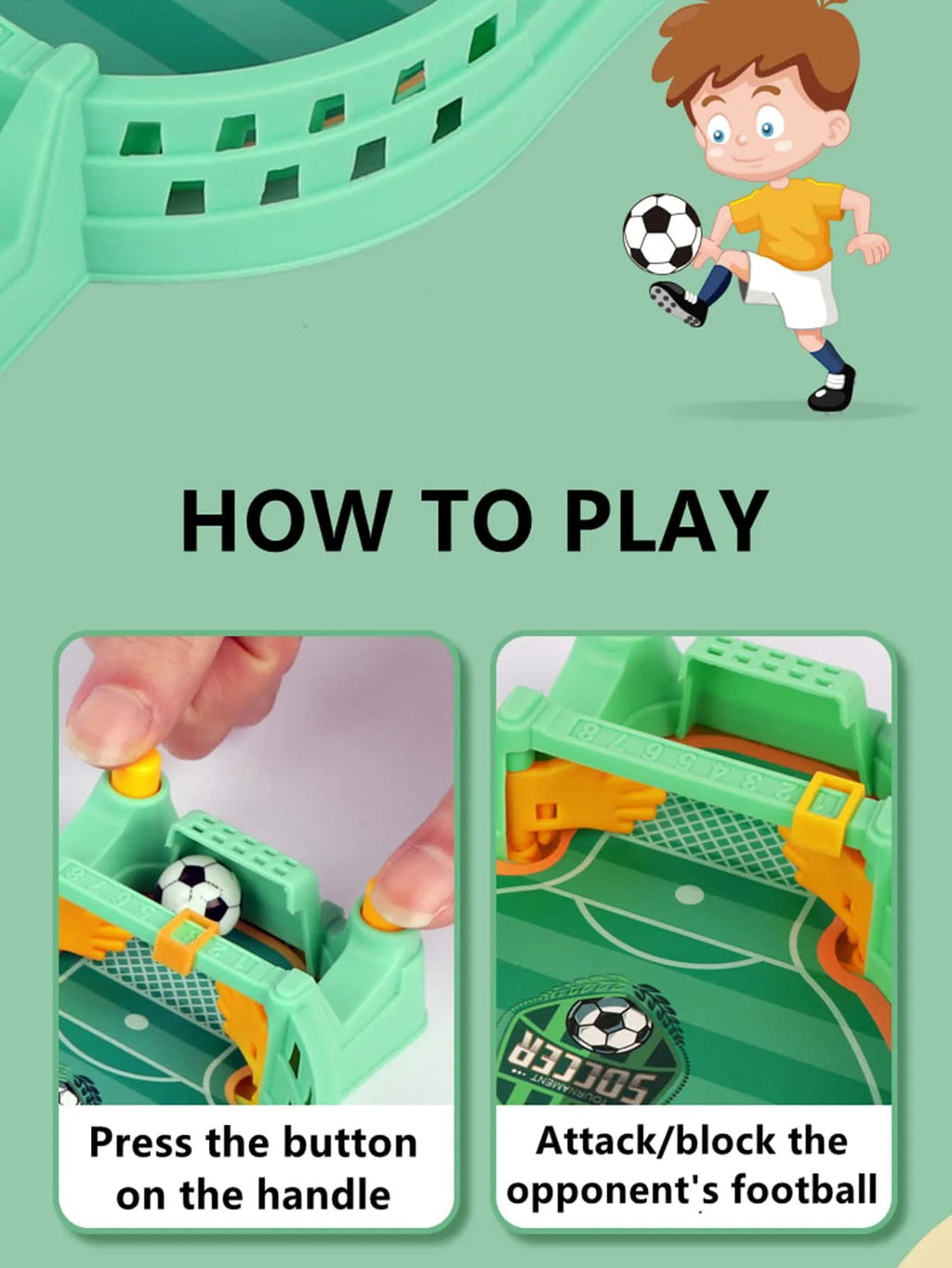Tabletop football game with green stadium, two control buttons, and a small ball. How-to-play instruction graphic.