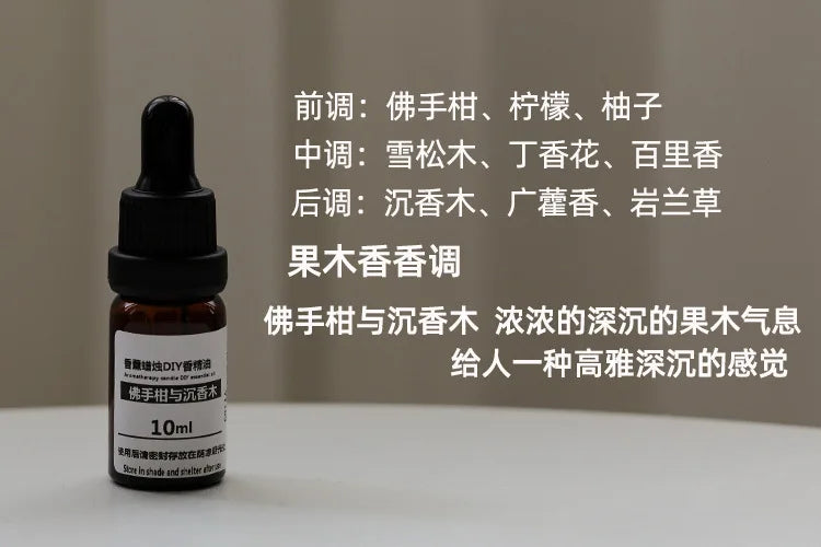 10ml amber glass essential oil dropper bottle with black cap and product label, featuring a woody citrus scent.