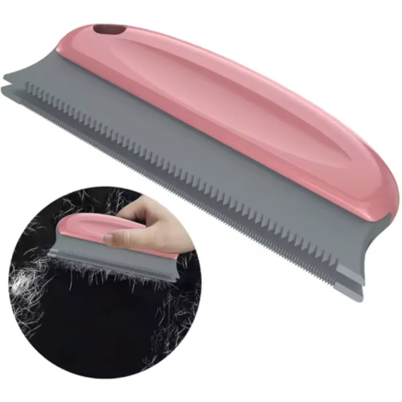 Pink and grey lint remover tool with a serrated edge, shown alone and in use removing lint from a black fabric.