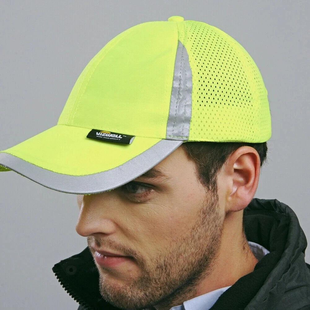 Fluorescent yellow breathable baseball cap with reflective strips worn by a man.