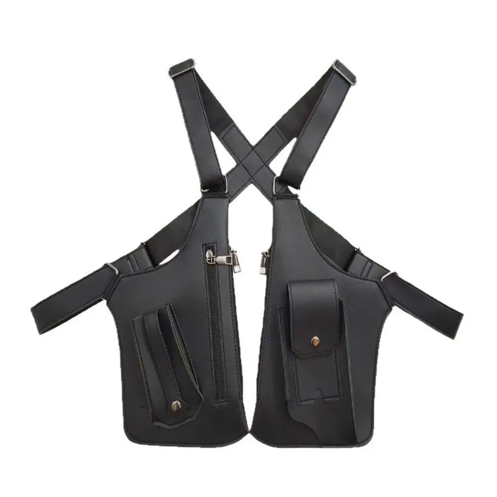 Black tactical chest harness bag with adjustable straps, zip pockets, and stud-fastening pouches.