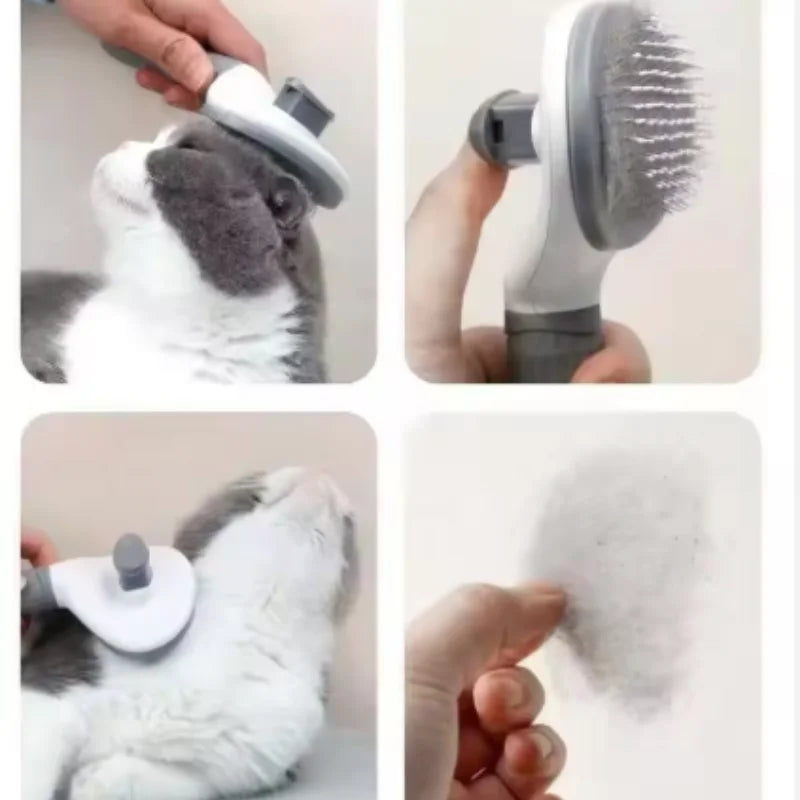 Self-cleaning grey and white pet slicker brush being used to groom a cat, with collected fur shown.