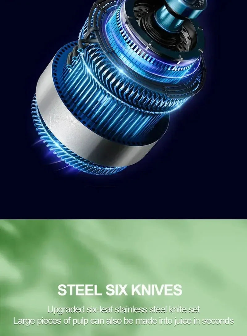 Close-up of a high-speed blender blade assembly with six stainless steel blades, glowing with a blue light effect.