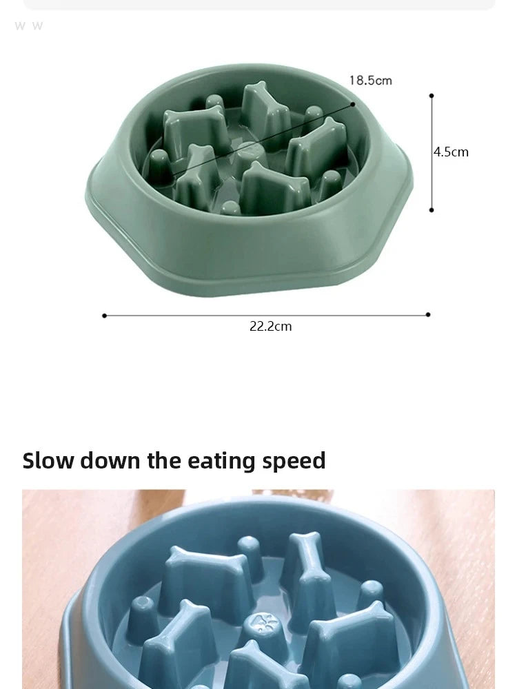 Sage green pet slow-feeder bowl with bone-shaped dividers and labeled dimensions.