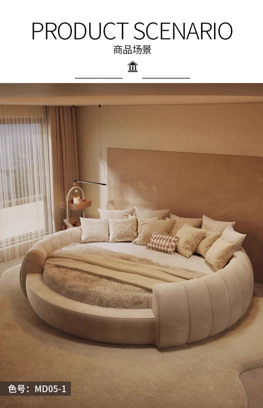 A minimalist cream bedside table in a sleek, curved design, perfectly complementing a modern round bed.