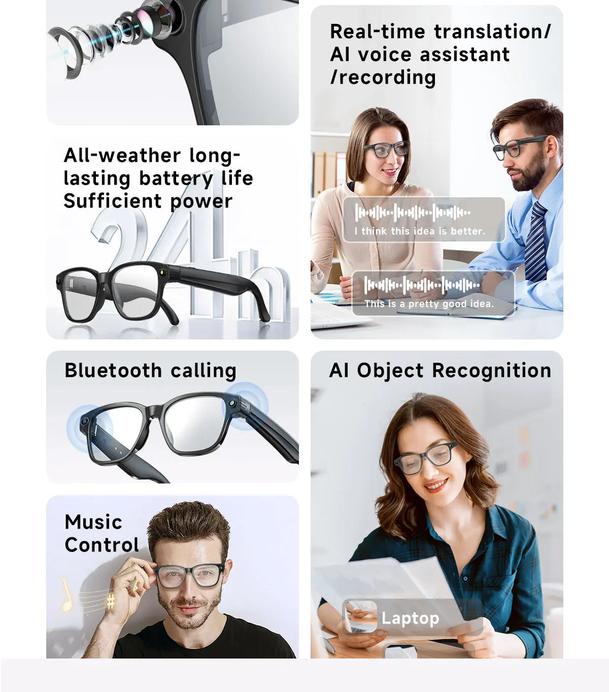 Black smart glasses with built-in camera, voice assistant, Bluetooth calling, and AI features shown in use.