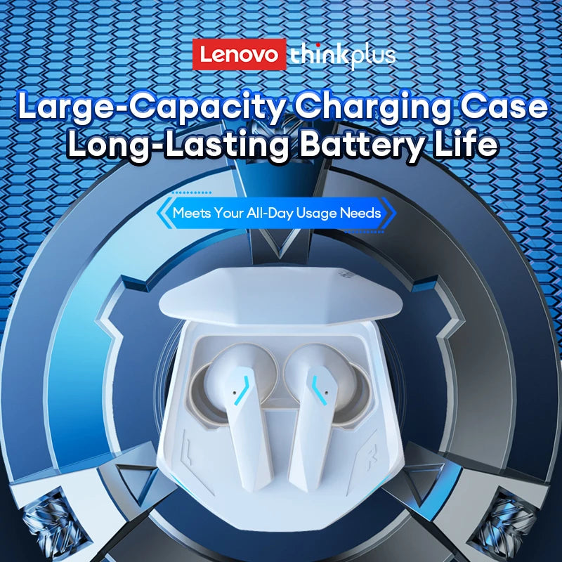 White wireless earbuds in a matching futuristic charging case against a metallic blue geometric background.