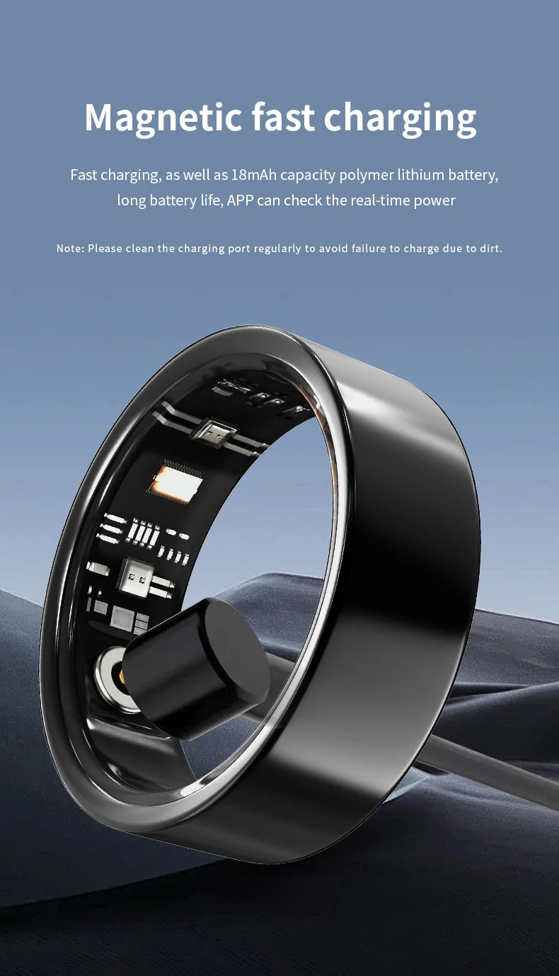 Sleek black waterproof smart health ring on a magnetic fast charging dock, showing internal electronic sensor components.