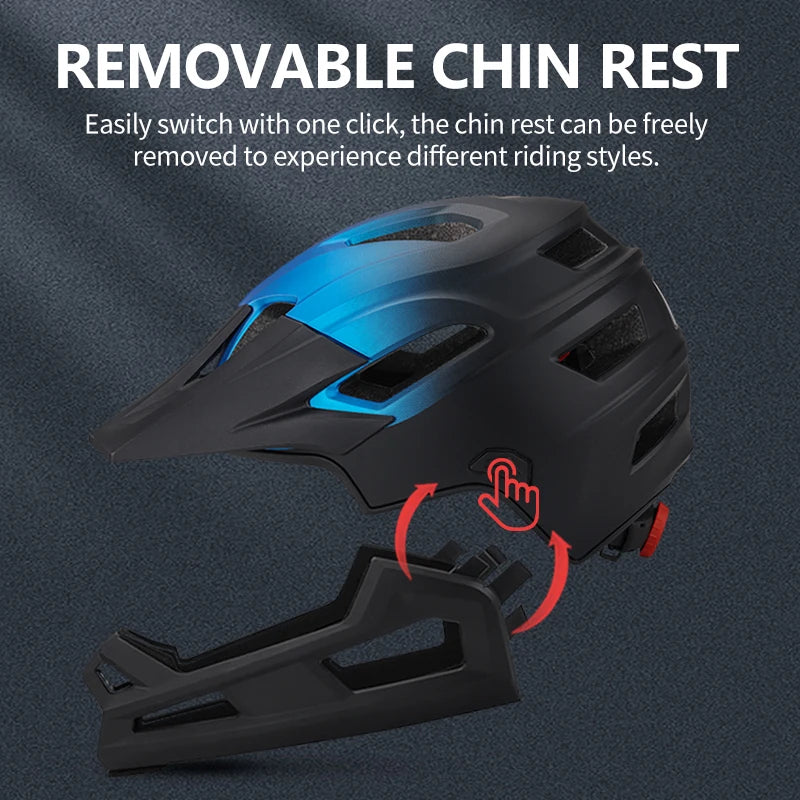 Black and blue adult bicycle mountain bike helmet with a detachable chin guard and visor.