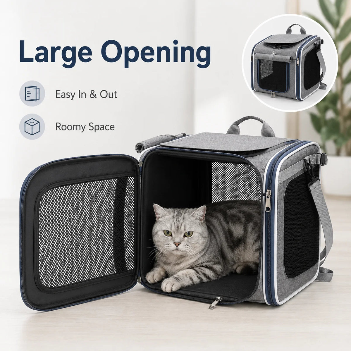 Gray pet carrier backpack with a large open mesh door and a resting cat inside.