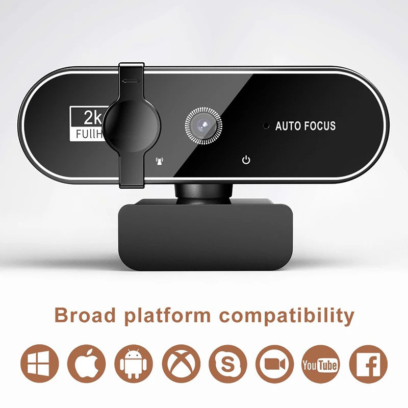 Sleek black 4K autofocus webcam with a privacy cover, built-in microphone, and versatile stand.