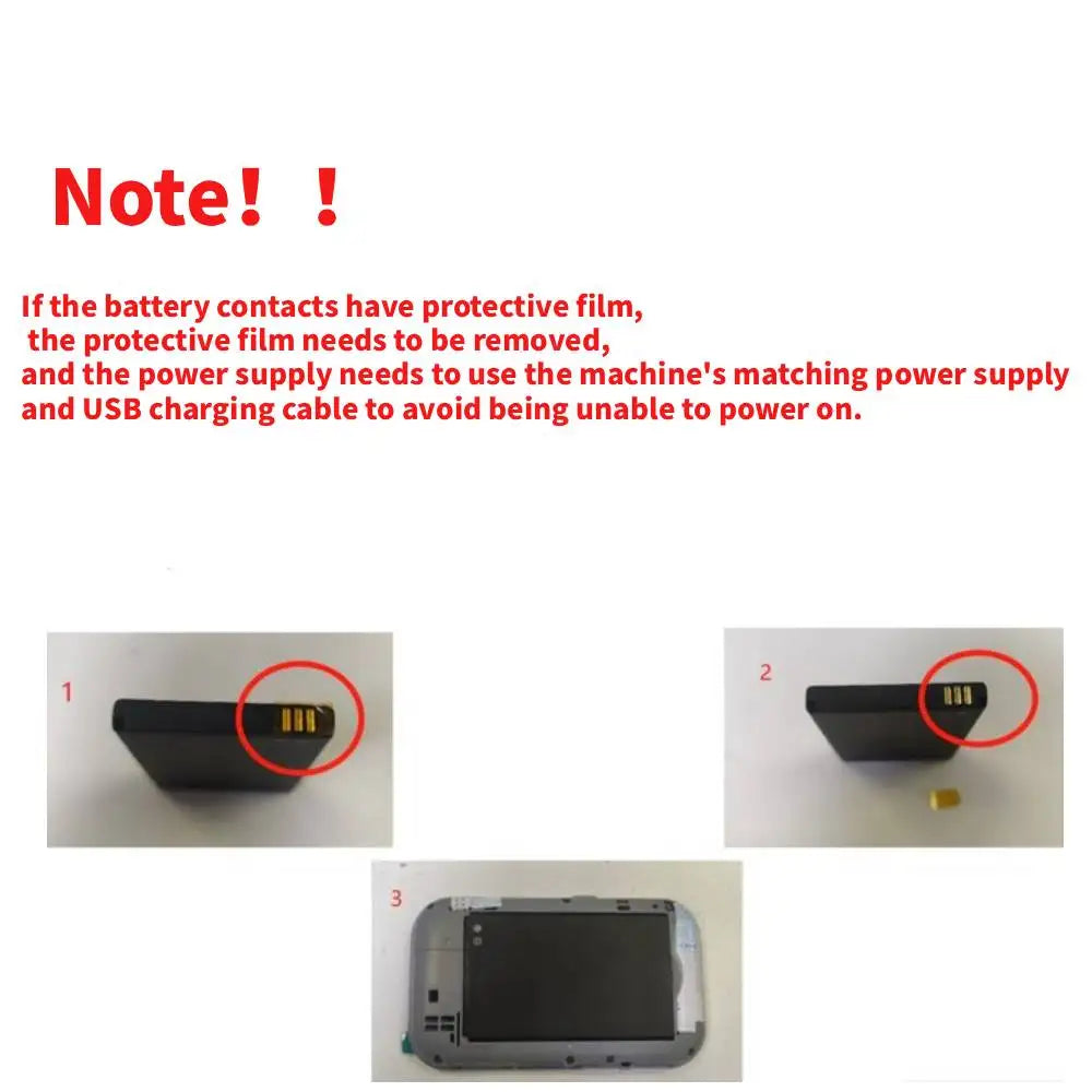 Instructions for a portable 4G router, showing how to remove the protective film from the battery contacts.