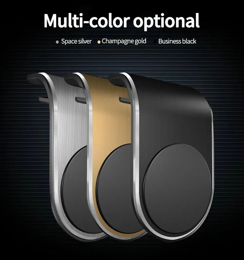 Three car seat headrest hooks in space silver, champagne gold, and business black with a sleek, metallic design.