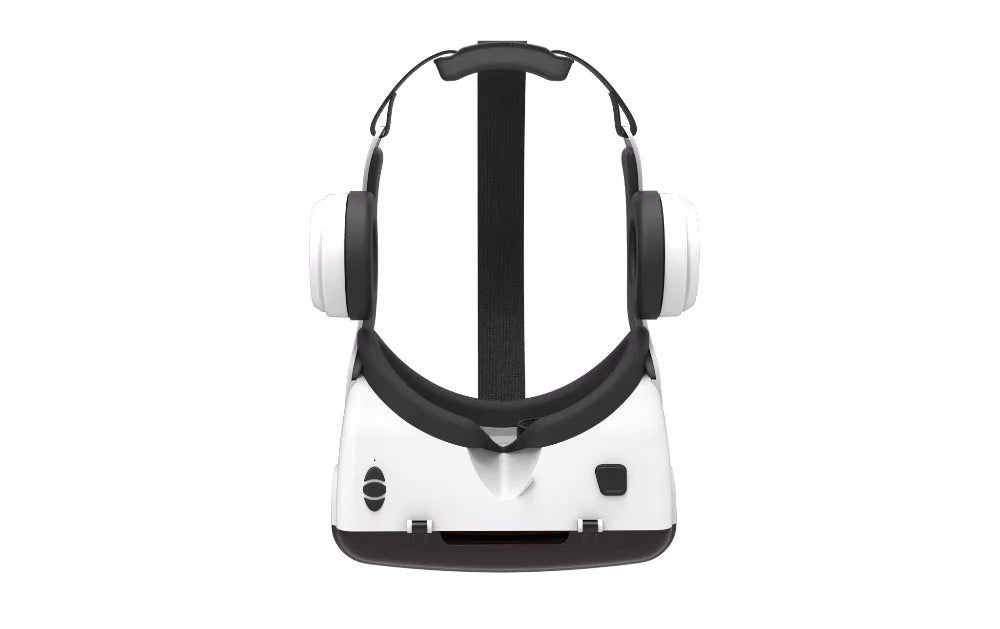 White 3D virtual reality headset for smartphones, featuring integrated over-ear headphones and adjustable head straps.