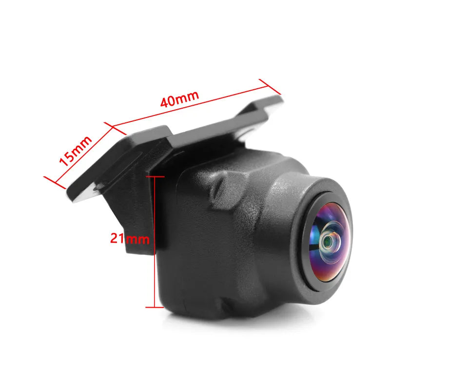 Black 1080p vehicle reversing camera with a fisheye lens, shown from an angle with red dimension labels.