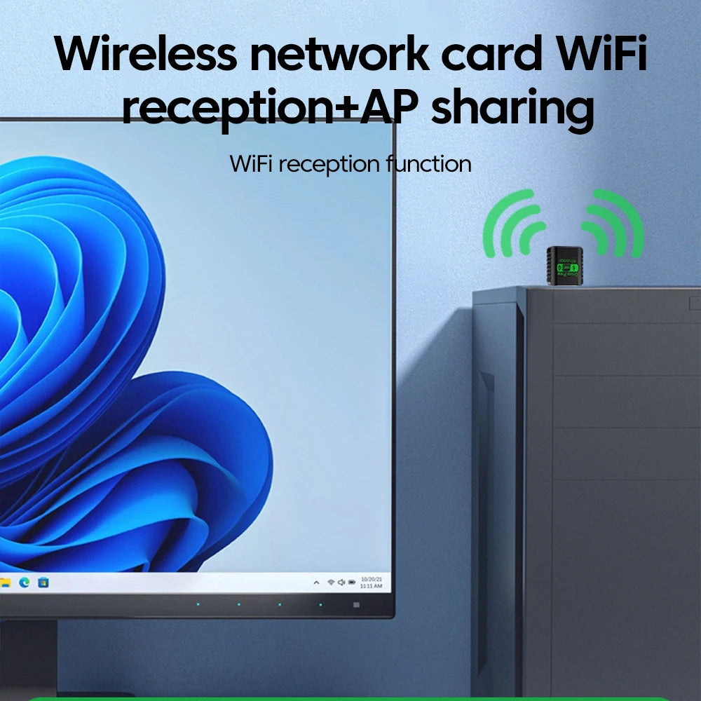 Compact black USB WiFi 6 and Bluetooth 5.4 adapter plugged into a desktop PC, emitting a wireless signal.