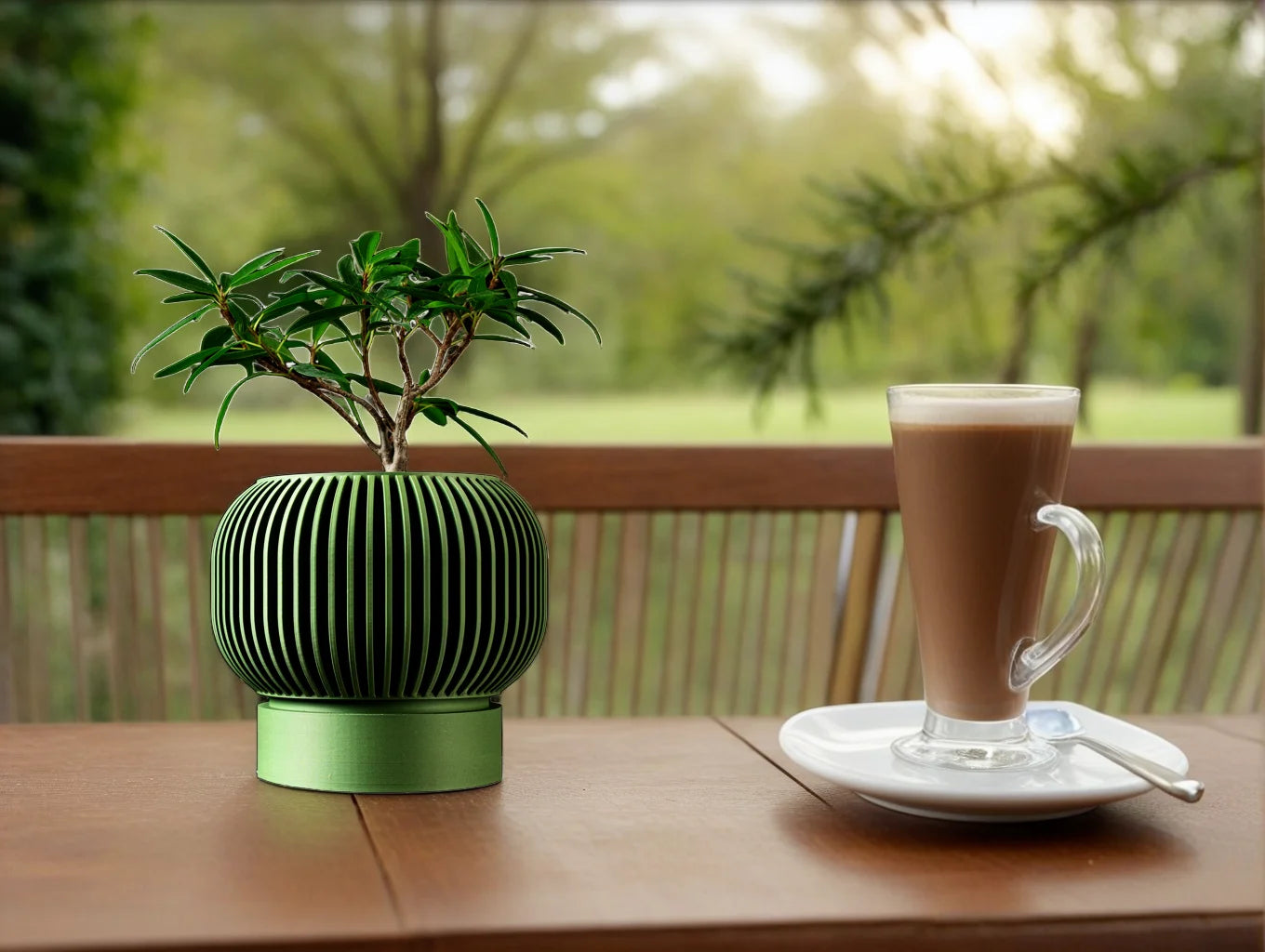 Green 3D-printed ribbed planter holding a small green plant, placed on a wooden table next to a glass of latte.