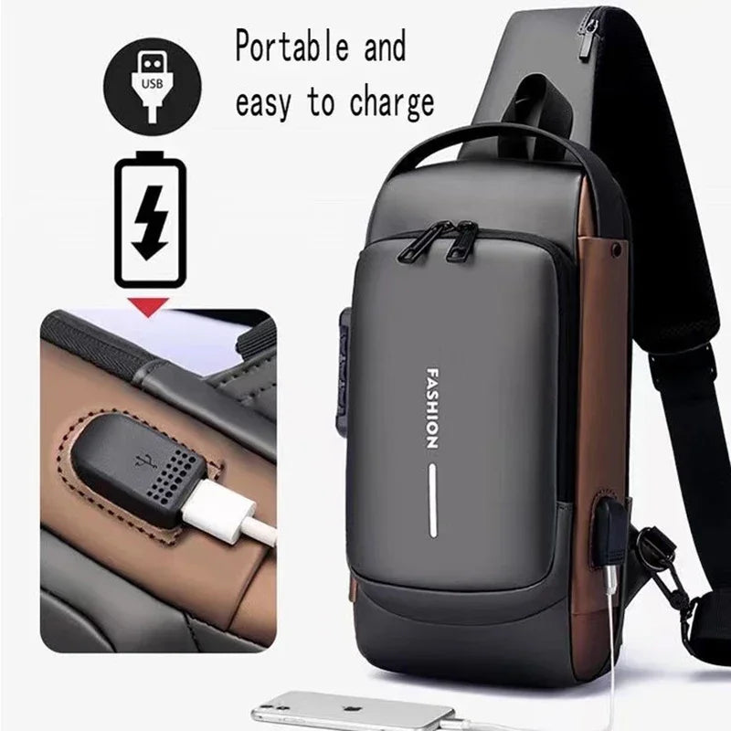 Grey and brown anti-theft waterproof sling bag with an integrated USB charging port and adjustable shoulder strap.