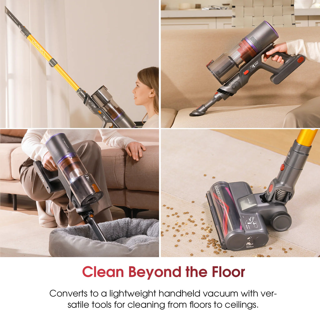 Gray and yellow cordless stick vacuum with clear dustbin, converting into a handheld vacuum for various surfaces.