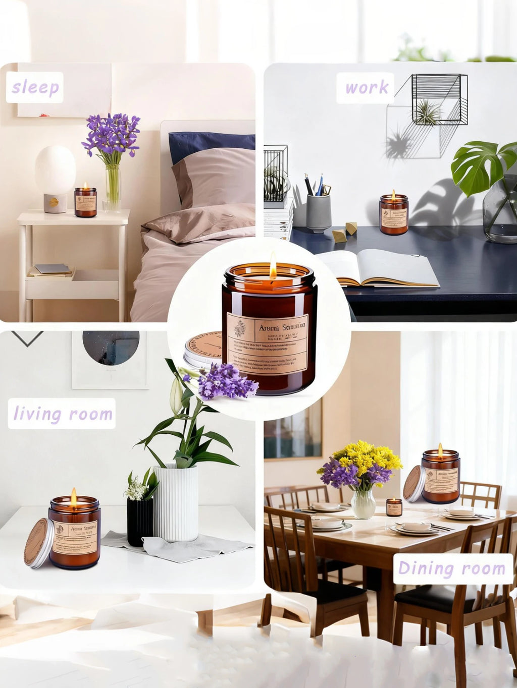 A scented candle in a brown glass jar with a minimalist label, shown lit in various home settings like living rooms.