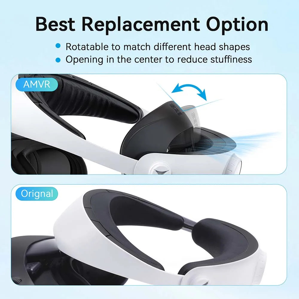 Black AMVR comfort kit for PS VR2, featuring rotatable forehead support pad and back cushion set on headset.