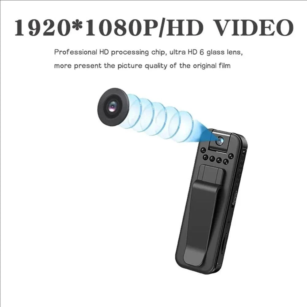 Black plastic body-worn video camera with a 6-glass lens and integrated belt clip for recording HD video.