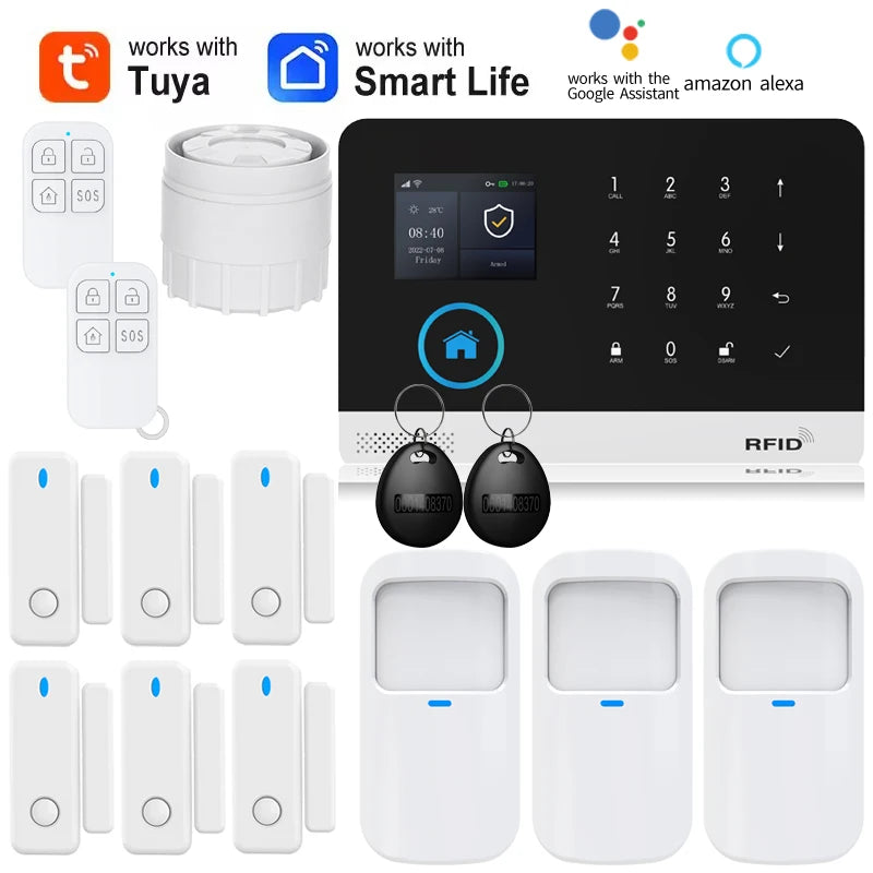 White wireless security alarm kit including touchscreen panel, motion sensors, door contacts, remotes, and RFID fobs.