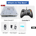 X8 retro game console set in white with black controller, HD cable, power supply, and manual.