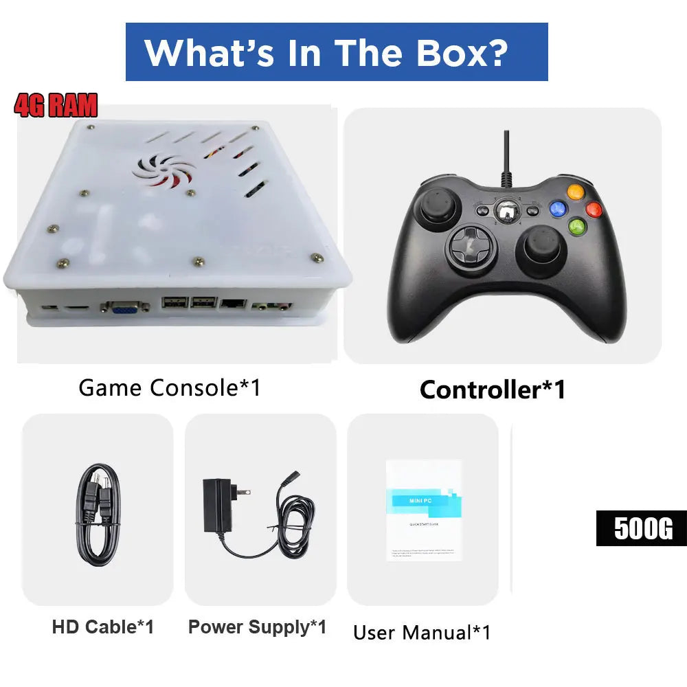 X8 retro game console set in white with black controller, HD cable, power supply, and manual.