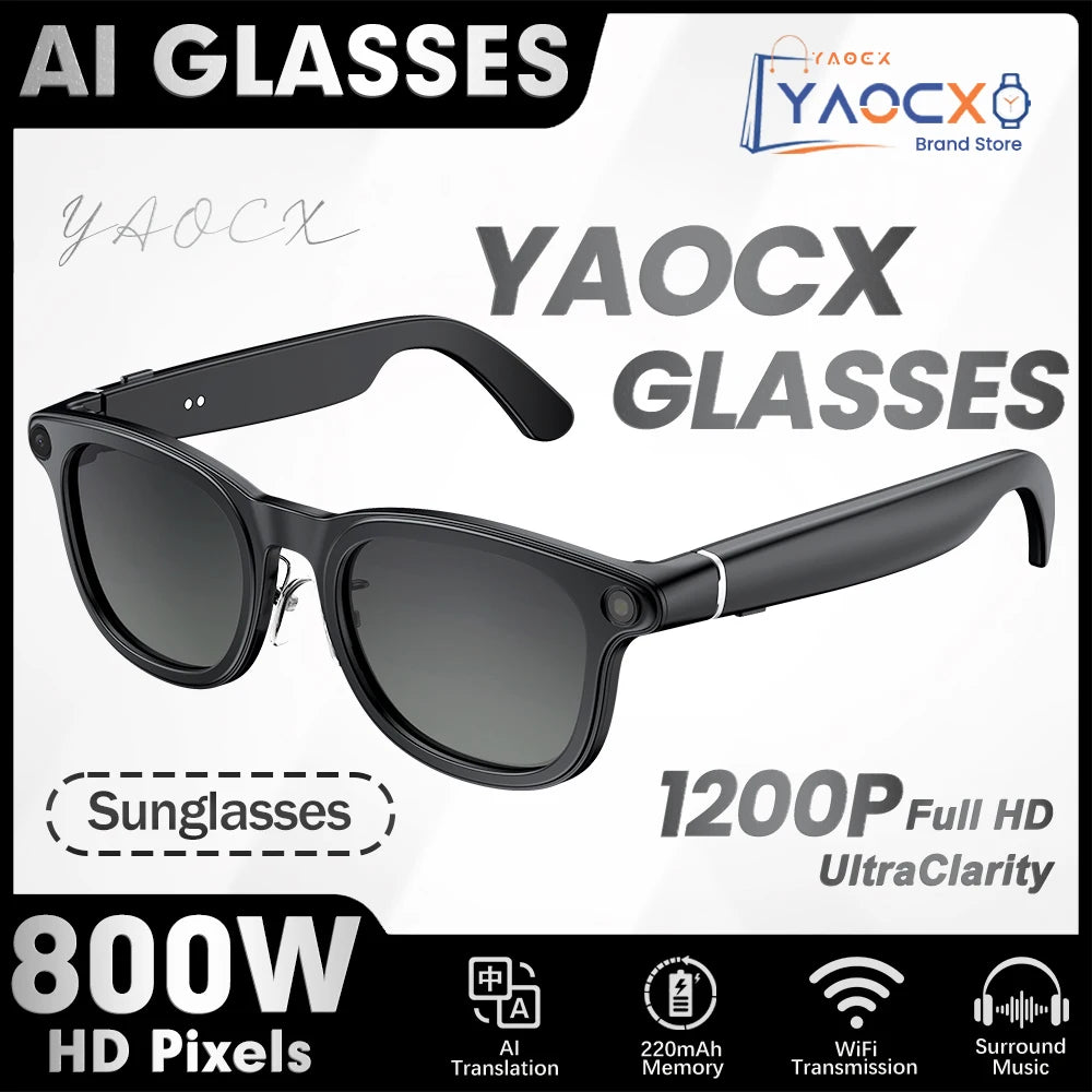 Stylish black smart sunglasses with built-in HD camera, Bluetooth, and sleek frames for recording on the go.