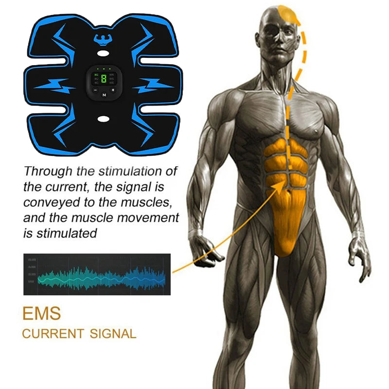 Black and blue EMS wireless muscle stimulator pad with central control display next to a male anatomy diagram.