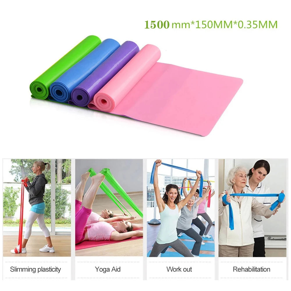 Four rolled fitness resistance bands in green, blue, purple, and pink, shown with people using them for exercise.