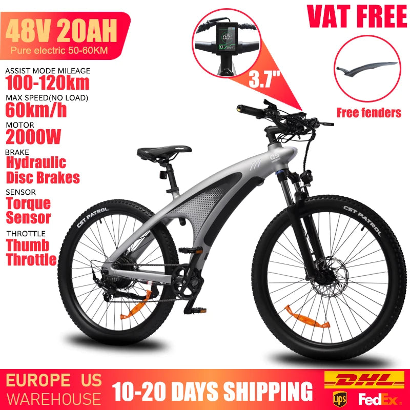 HUANCI Q5 gray electric mountain bike with thick tires, front suspension, and digital display handle.