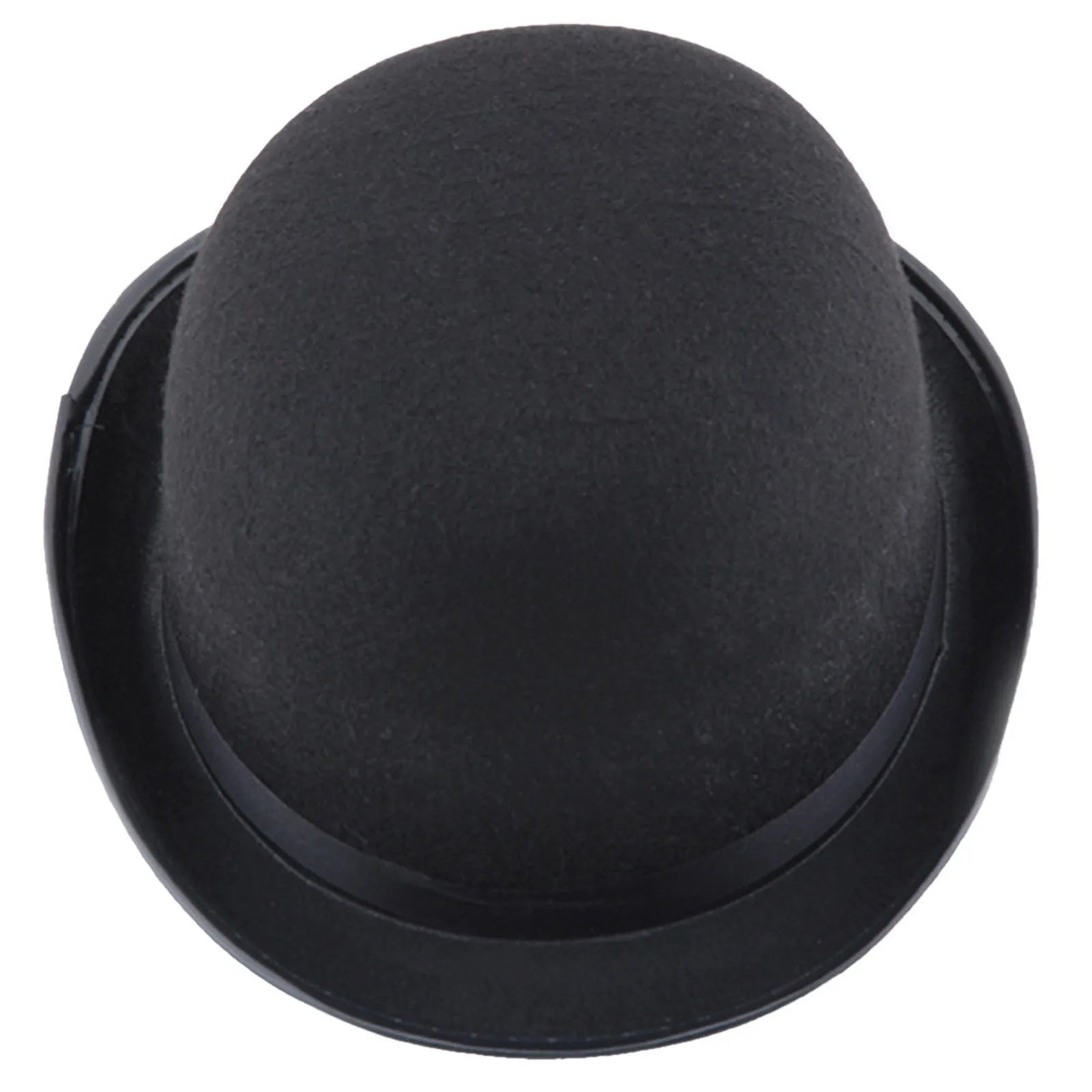 Top-down view of a classic black felt-textured bowler hat with a rounded crown and a curved brim.
