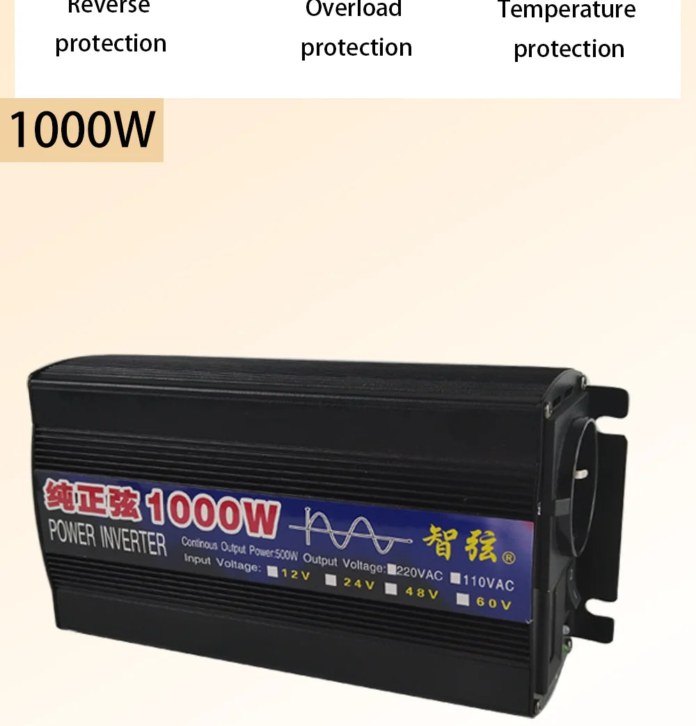 Black 1000W power inverter with protective features including reverse, overload, and temperature safety systems.