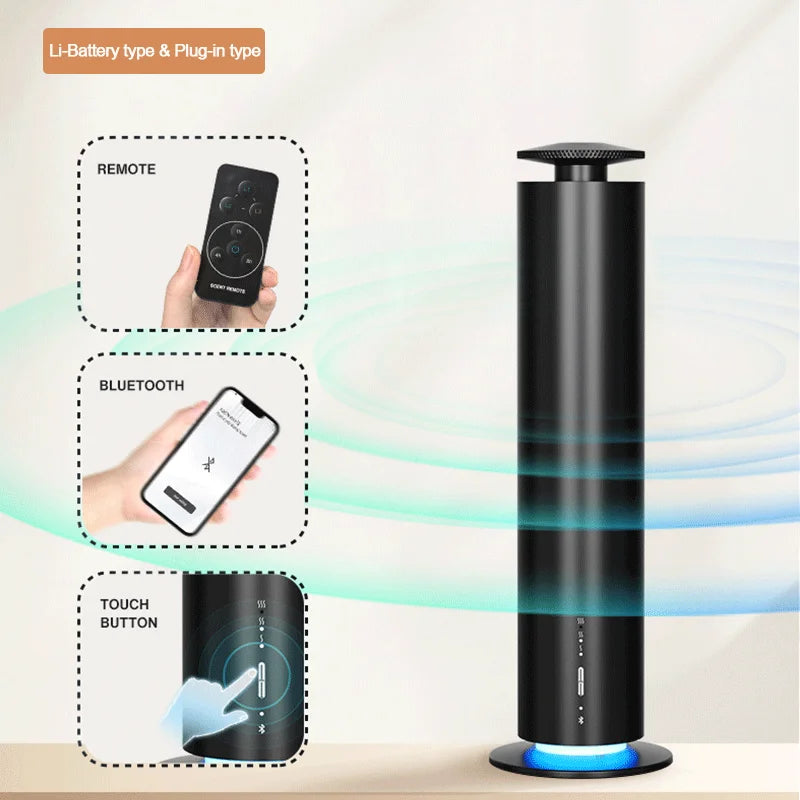 Sleek black smart aroma diffuser with remote, Bluetooth control, touch buttons, and a glowing blue base light.