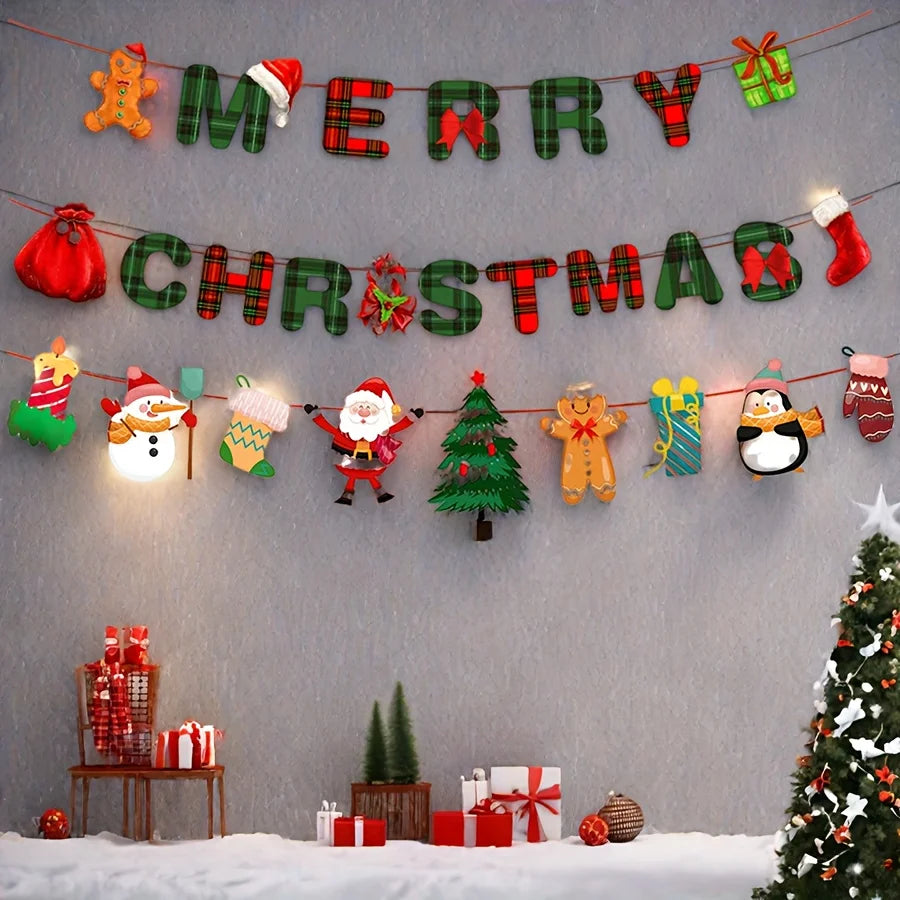 Festive Merry Christmas bunting with tartan-patterned letters, light-up character cut-outs, and mini holiday accessories.