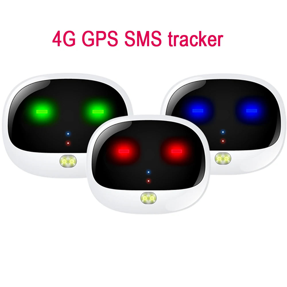 Three white mini GPS pet trackers with rounded rectangular forms, featuring glowing green, red, and blue status lights.