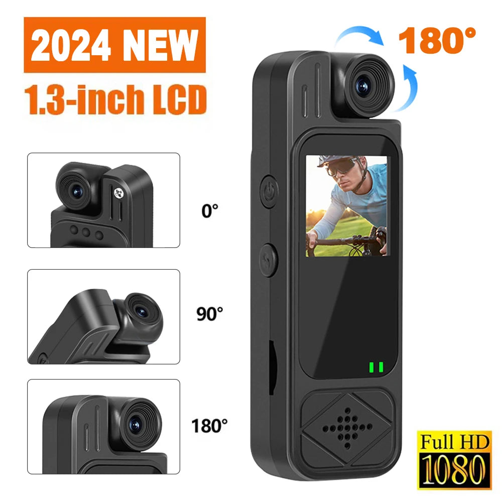 Black plastic body camera with a 1.3-inch LCD screen and a rotating 180-degree lens for 1080p video recording.