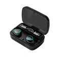 Black wireless earbuds in a charging case with a digital LED battery display and glowing blue accents.