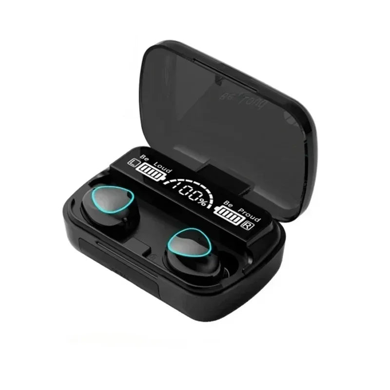 Black wireless earbuds in a charging case with a digital LED battery display and glowing blue light accents.