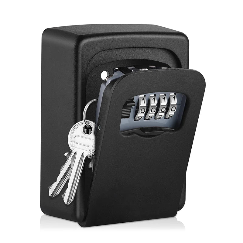 Black wall-mounted key lock box with a four-digit combination dial and interior keys, isolated on a white background.