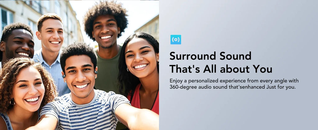 Smiling diverse friends in casual clothes wearing small, black wireless earbuds, promoting 360-degree surround sound.