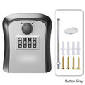 Grey metal wall-mounted key lock box with a four-digit combination dial and included mounting screws and anchors.