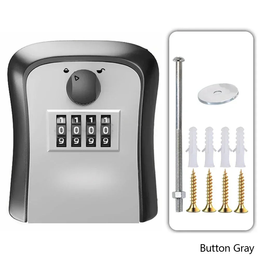 Grey metal wall-mounted key lock box with a four-digit combination dial and included mounting screws and anchors.