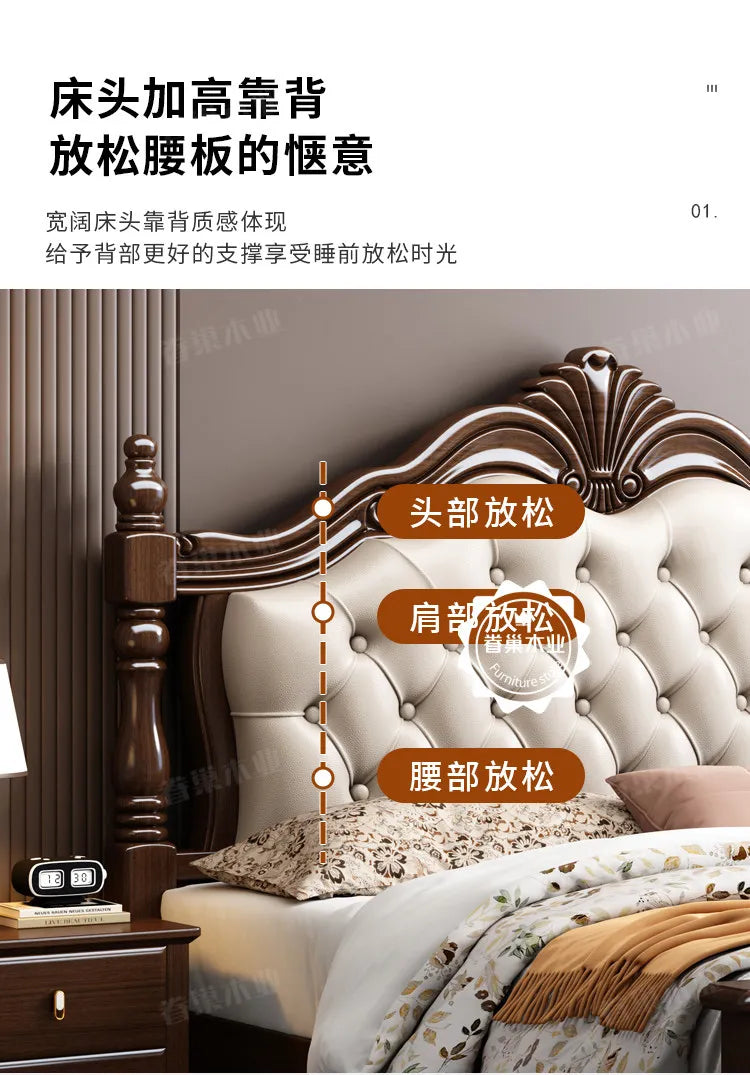 Retro 180x200cm wooden double bed with an ornate carved frame and a button-tufted, cream upholstered headboard.
