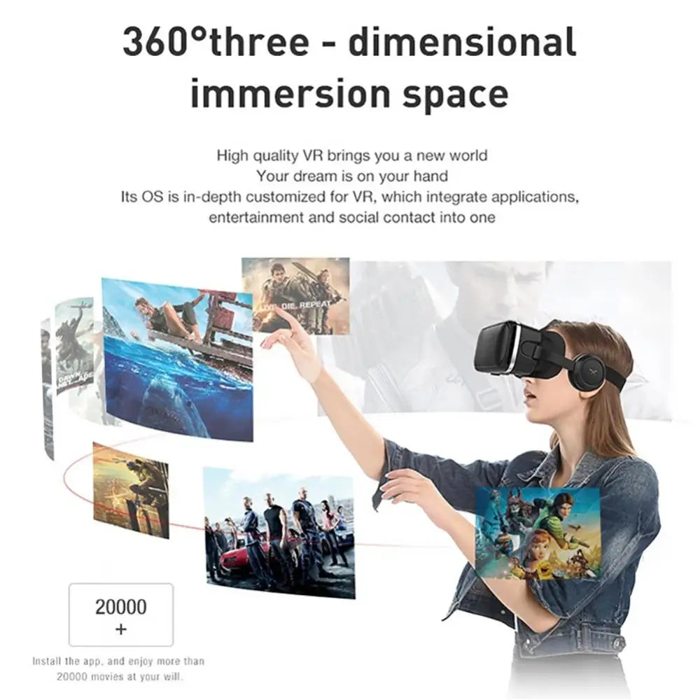 Person wearing a sleek black VR headset, interacting with floating digital movie and game screens in a bright space.