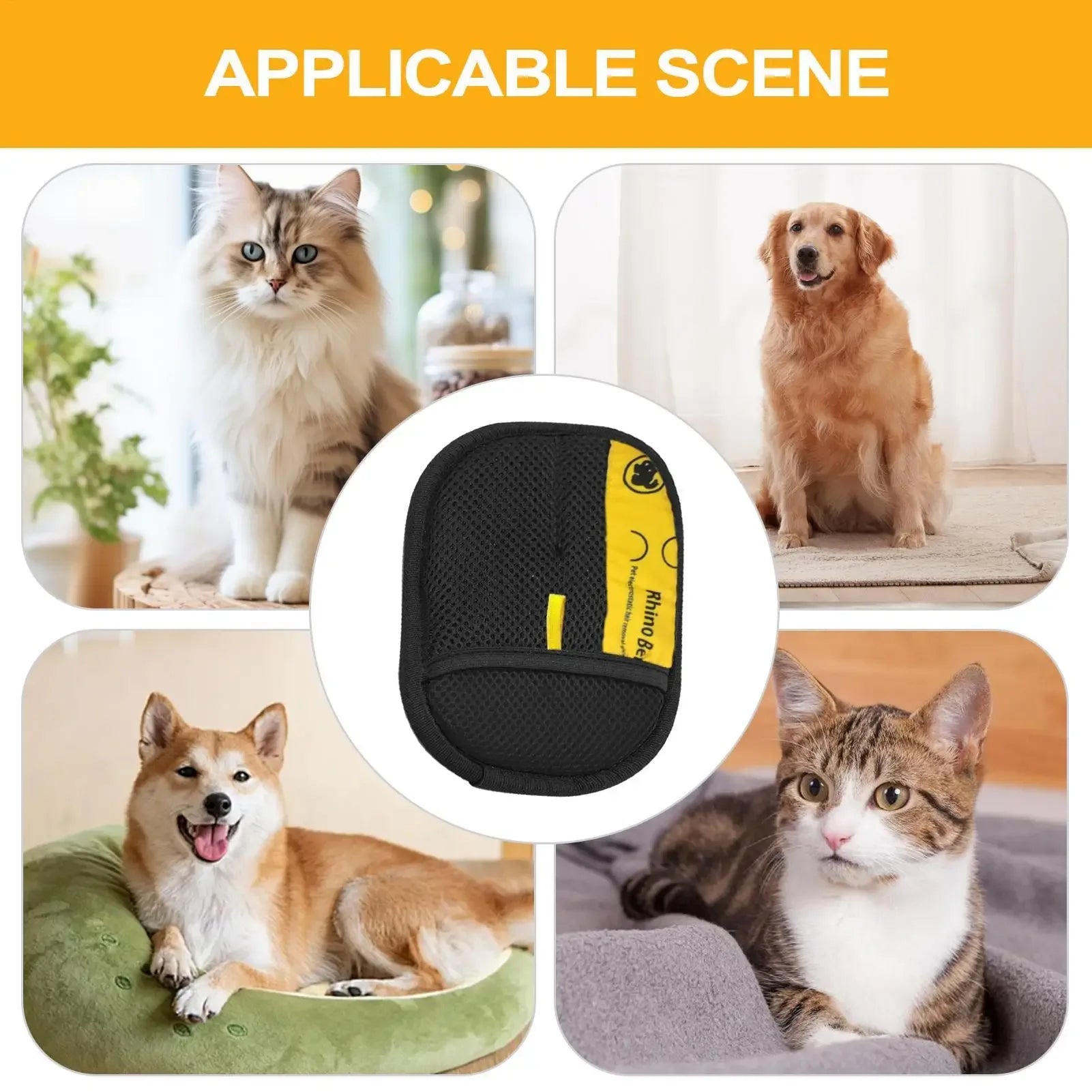 Black and yellow pet hair removal mitt shown with images of various cats and dogs.